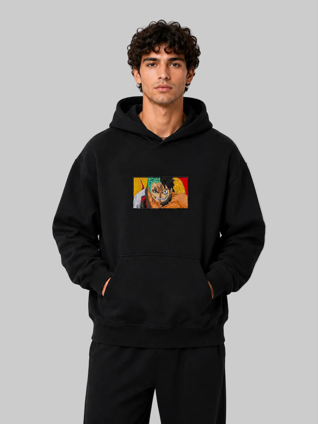 EMBROID Zoro x Luffy Embroidered Patch Oversized Hoodie – Black