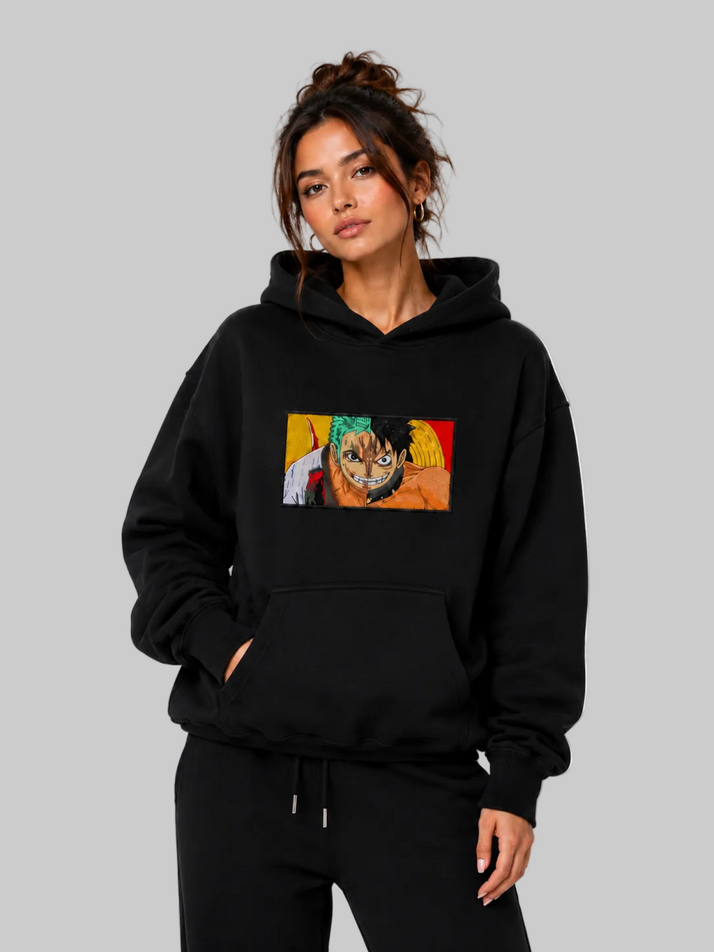 EMBROID Zoro x Luffy Embroidered Patch Oversized Hoodie – Black