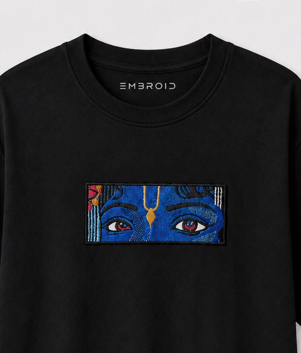 EMBROID Krishna Eyes Embroidered Oversized T-Shirt – Black